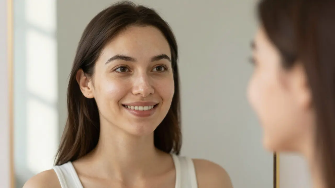 Žena po proceduře fillerů vypadá přirozeně a odpočatě, s mírným zářivým výrazem v zrcadle.