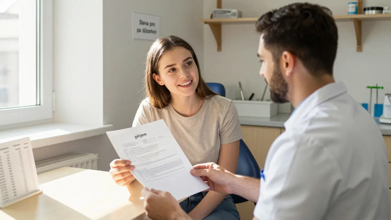 Žena předkládá potvrzení o příjmu zubnímu lékaři v klinice pro nízký příjem.