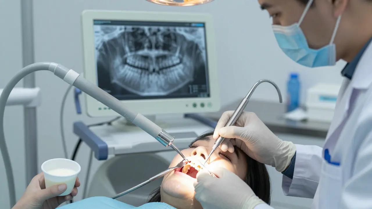 Zubní lékař opatrně vkládá zub zpět do dásně v ordinaci s rentgenem na pozadí.