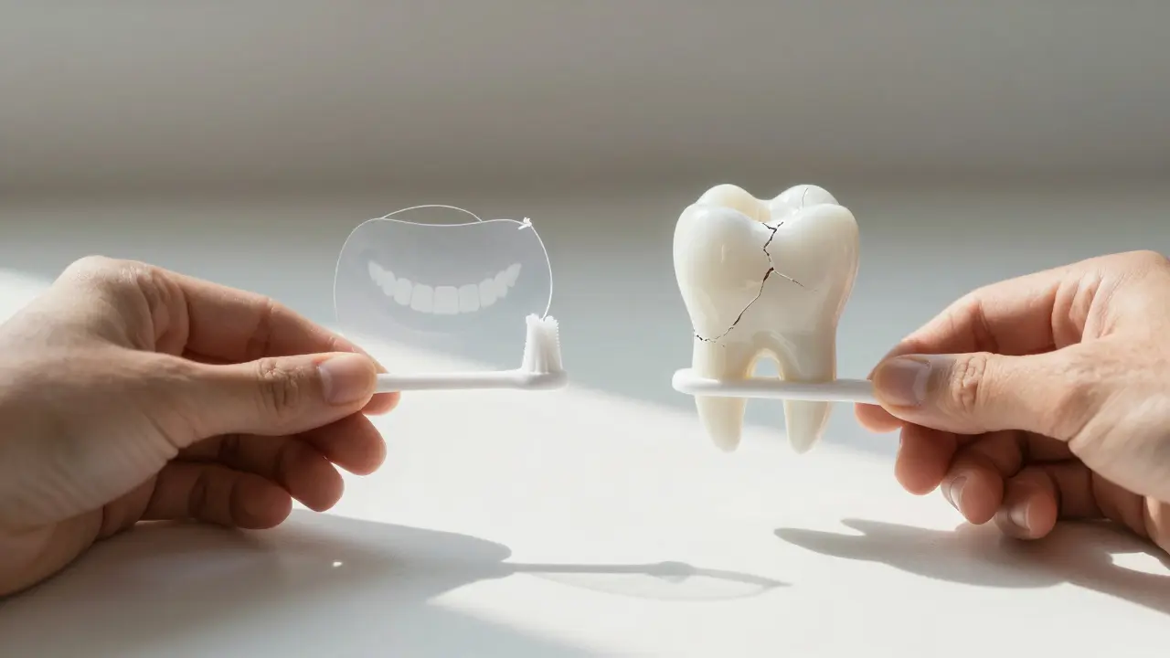 Zubní nit a mezizubní kartáček na stole s symbolickým kontrastem zdravého a poškozeného zubu.