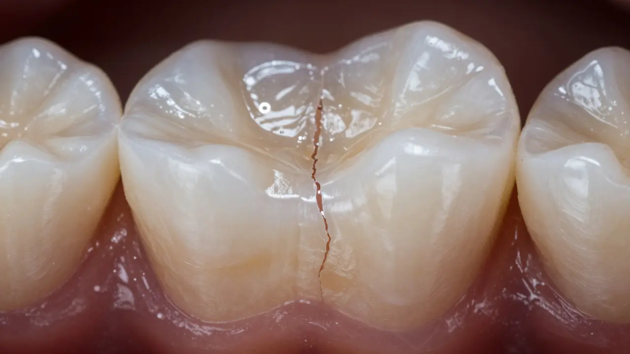 Blízký pohled na zub s jemnou trhlinou v sklovine, která sahá do dentinu.