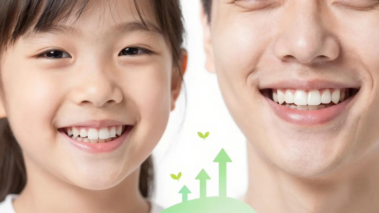 Child's temporary dental bridge with growth symbols representing future development.