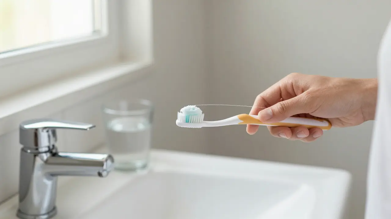 Člověk čistí zuby kartáčkem a nití ve vaně, voda na umyvadle, přírodní světlo.