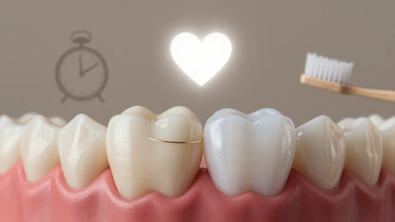 Cross-section of tooth with enamel removal and ceramic veneer bonding.
