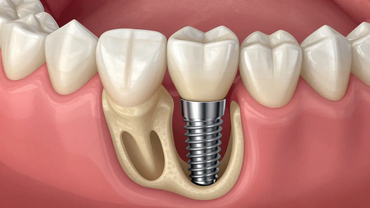 Dental implant being placed into jawbone with ceramic crown attached.