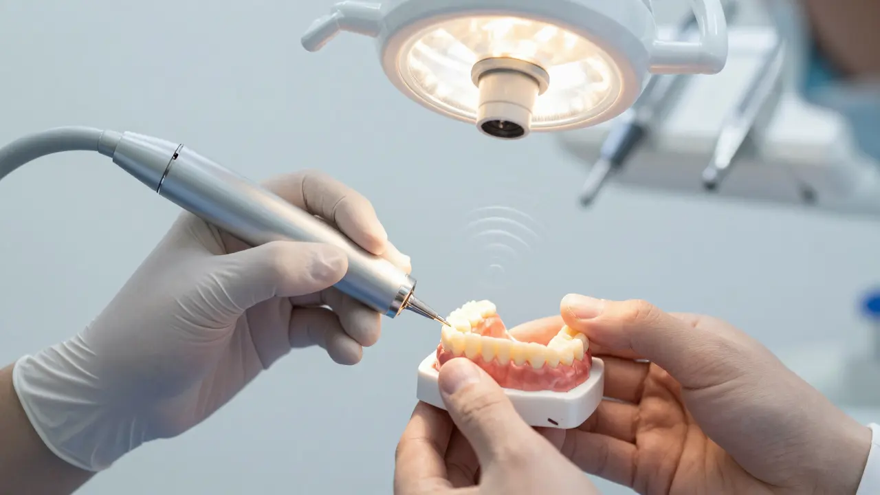 Dentist using ultrasonic device to remove calculus from denture