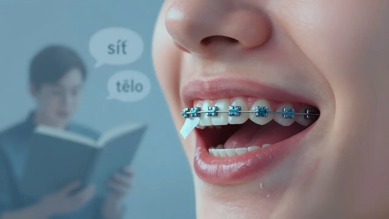 Detailní záběr úst s rovnátky a voskem na drátu, v pozadí zvukové bubliny s českými slovy.