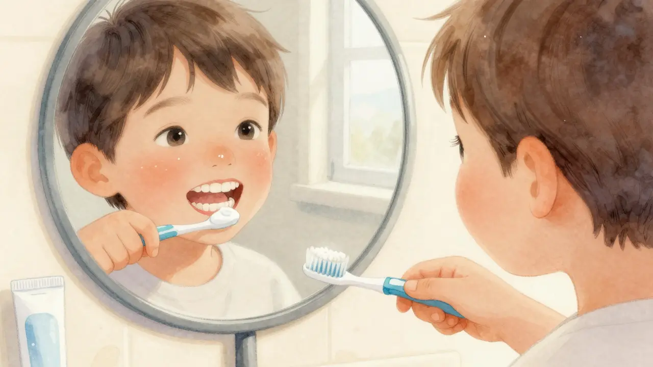 Dítě čistí zuby, v zrcadle je vidět bílé skvrny na trvalých zubech, jemné osvětlení z okna a domácí prostředí.