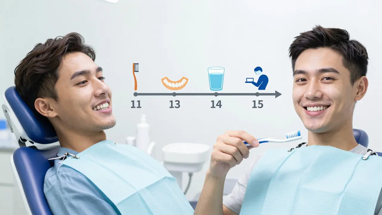 Dvě varianty úsměvu: jedna s poškozenými a druhá s novými fazetami, s časovou osou péče