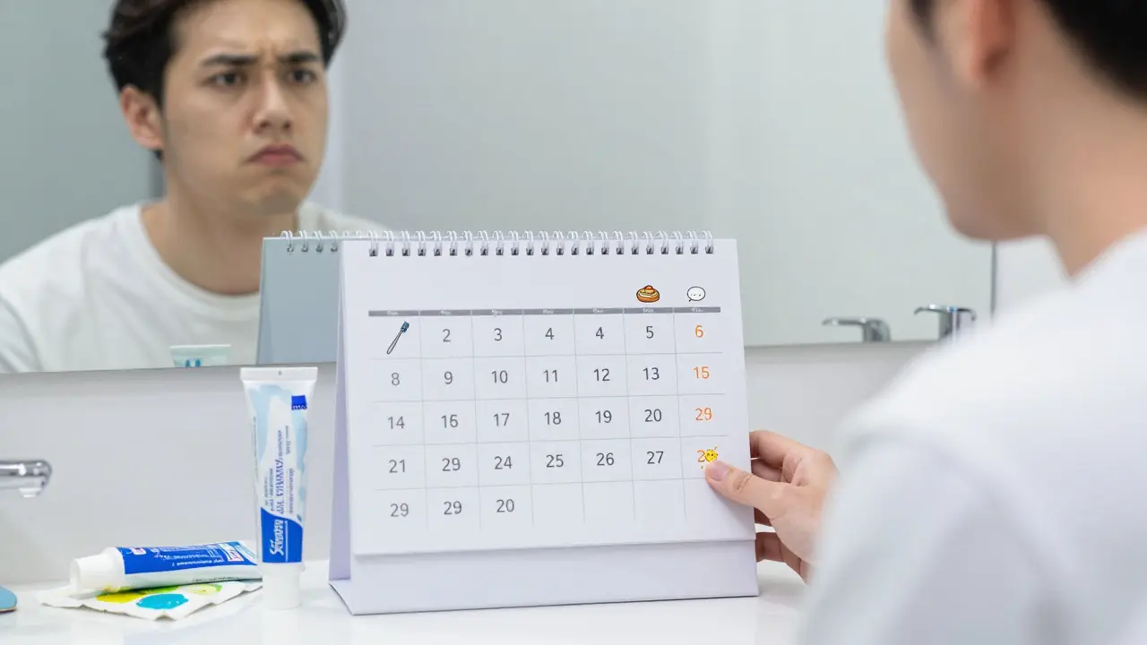 Kalendář s ikonami přizpůsobení rovnátků, od čištění zubů až k úsměvu bez rovnátek.
