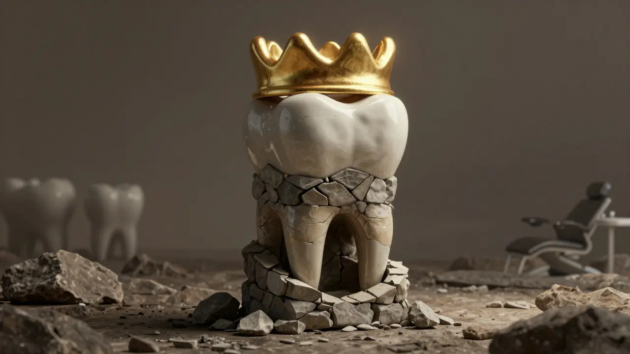 Keramická korunka chrání poškozený zub jako věž na čelisti, symbolizující obnovu.