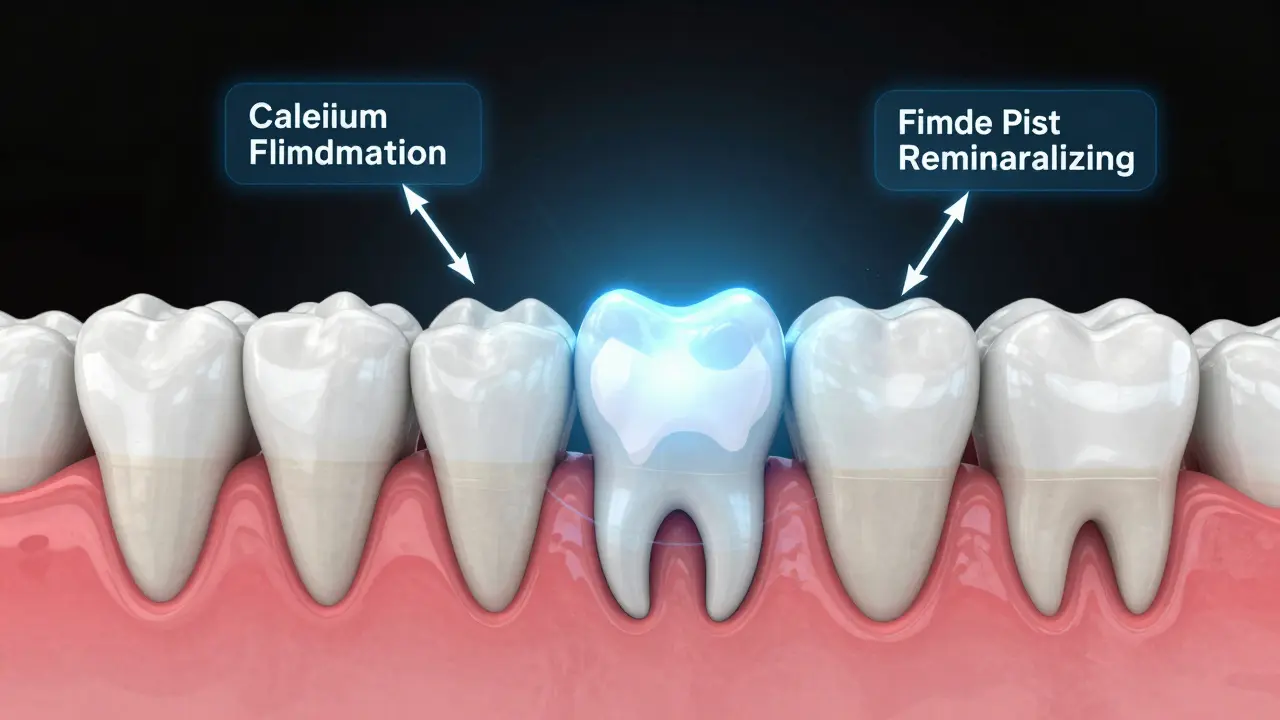 Křížový řez zubem ukazující ztrátu minerálů v emailu a proces remineralizace pomocí fluoridu a kalcium-fosfátu.