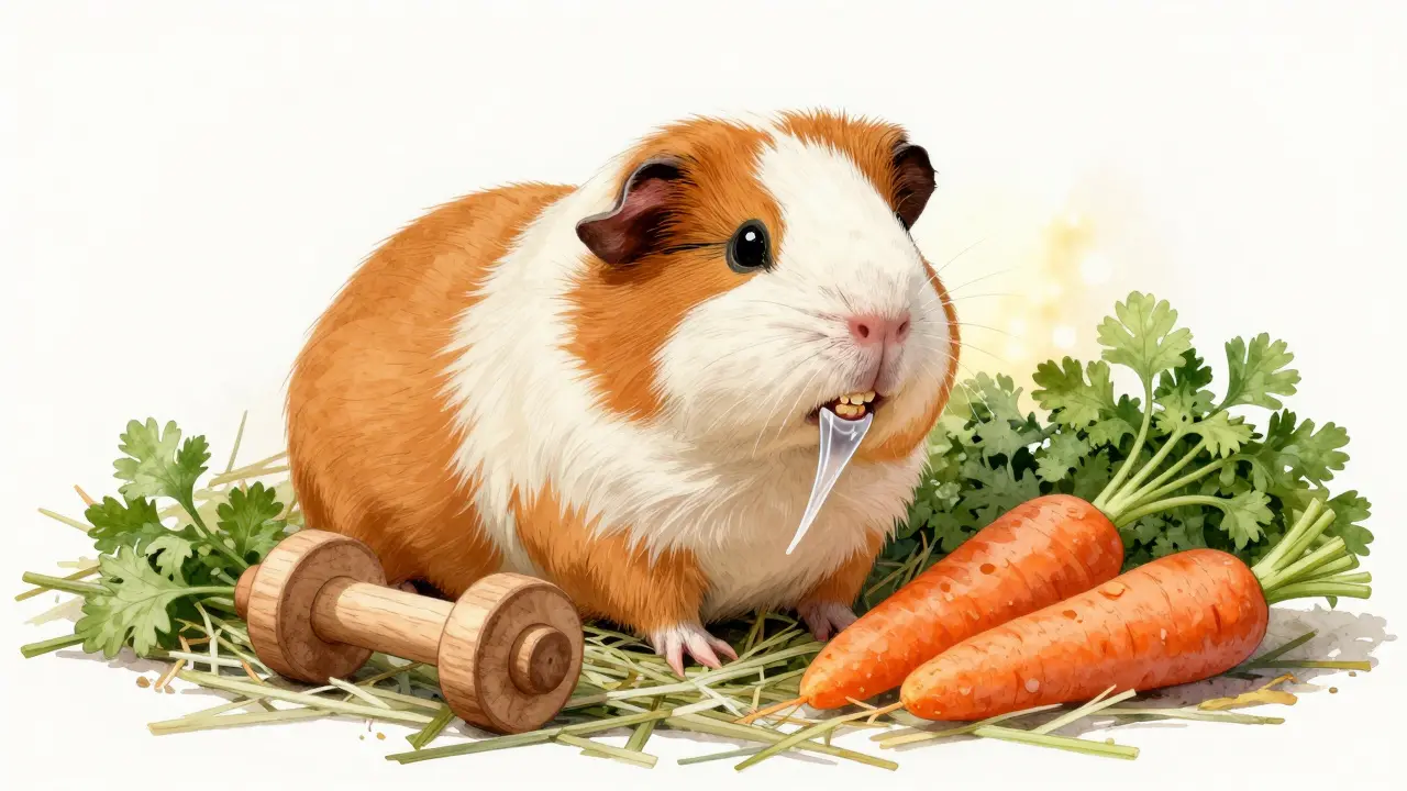 Morčete s ideální stravou: seno, petržel, mrkev a dřevěné hračky.