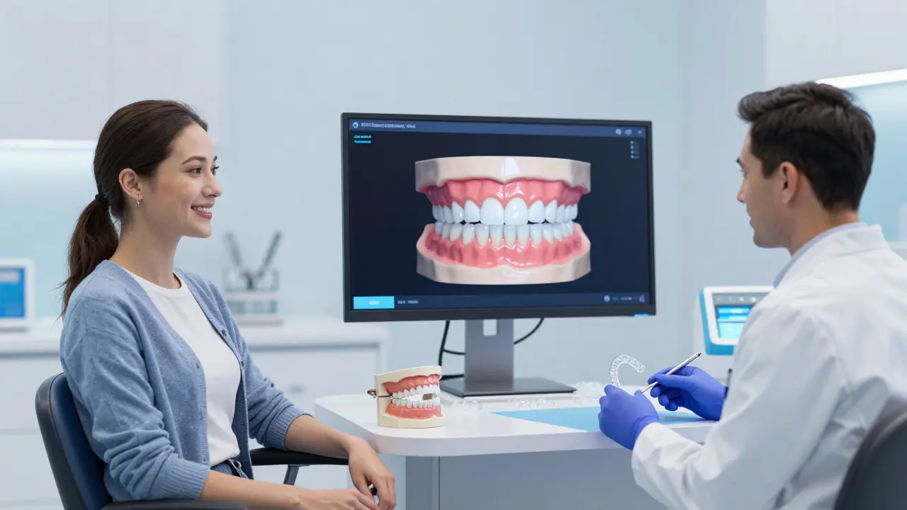 Patient with clear aligners in a modern orthodontic clinic with digital 3D visualization.