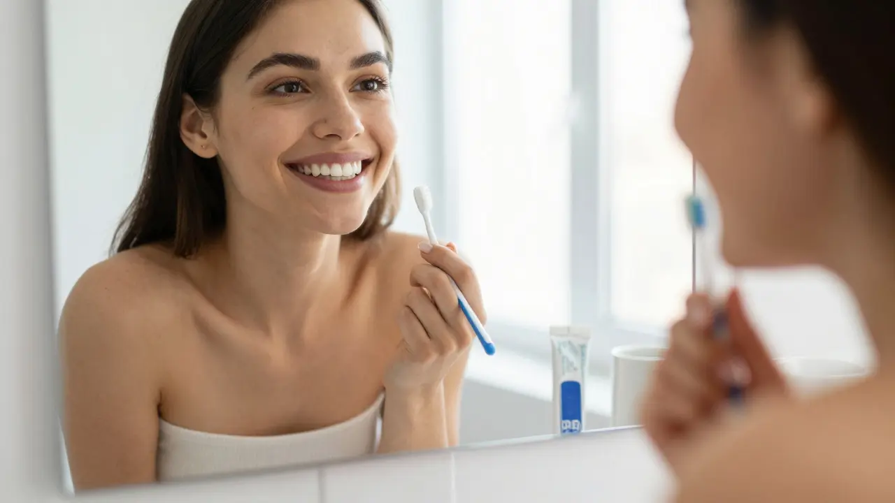 Person smiling in front of a mirror, showing enhanced teeth with composite veneers.