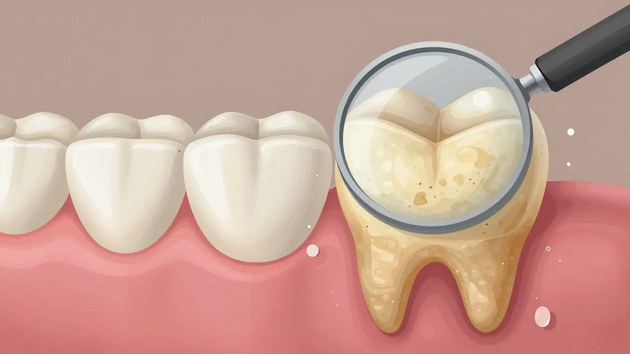 Převod zubního plaku na zubní kámen: lepkavá vrstva se mění v tvrdý žlutý nános s minerálními krystaly.