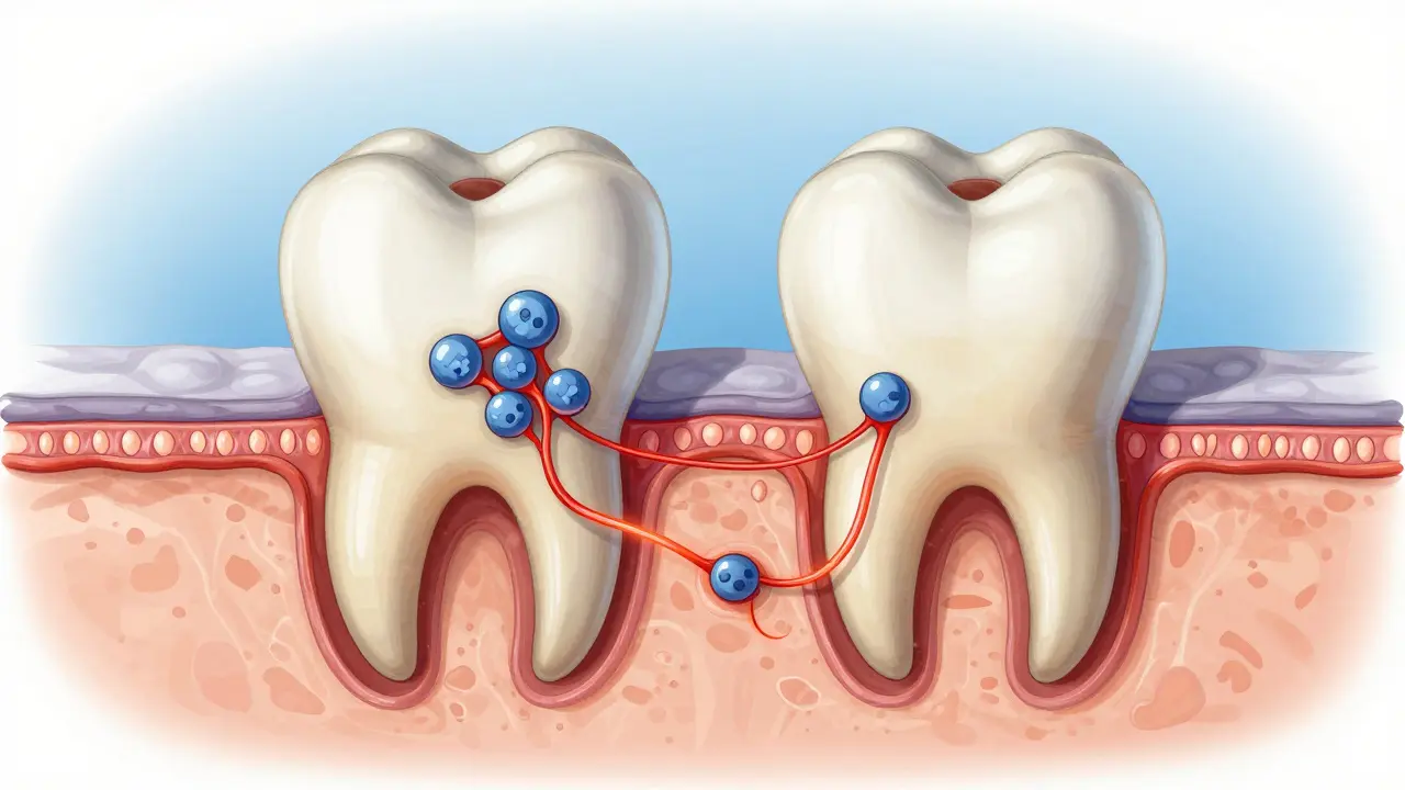 Průřez vyvíjejícím se zubem s tetracyklinem vázaným na vápník