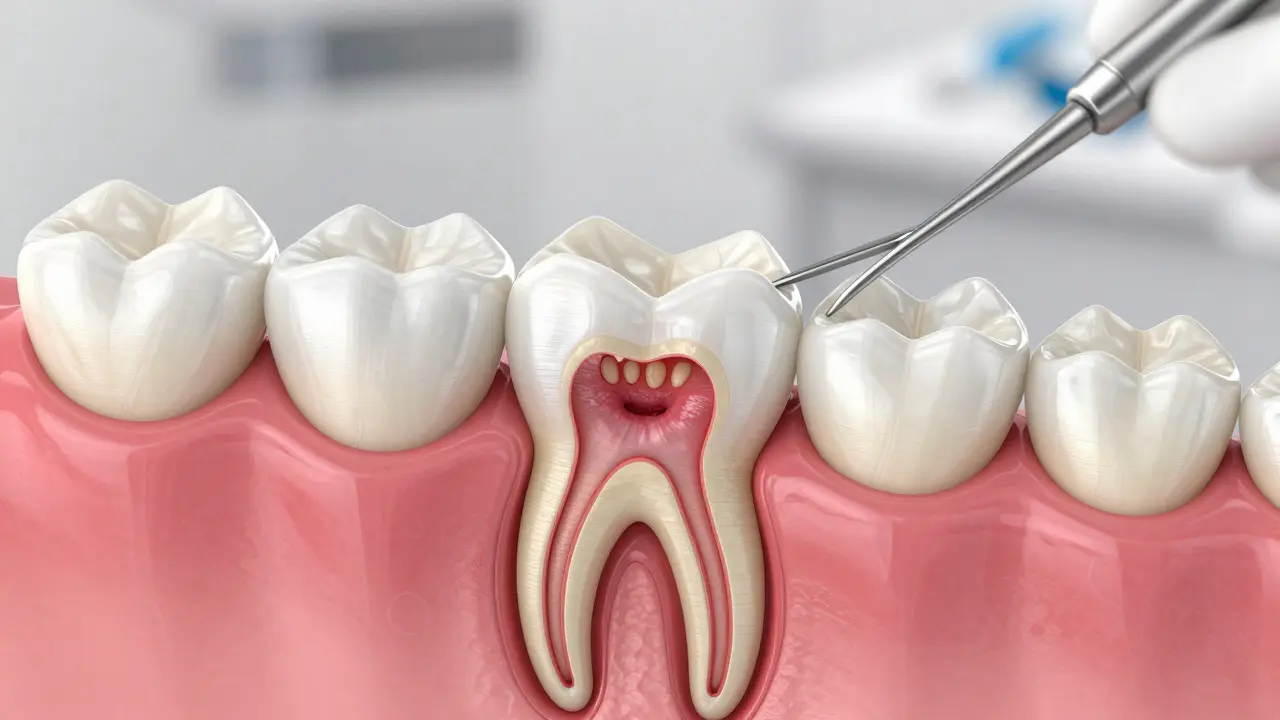 Průřez zubem s odstraněnou pulpou a keramickou korunkou, v anatomickém stylu.