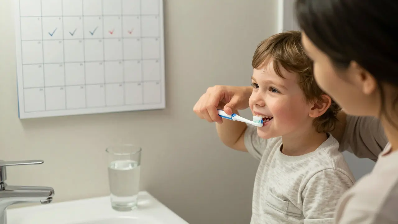 Rodič čistí zuby malému dítěti doma, vedle stojí voda namísto sladkého nápoje, kalendář s pravidelnými kontrolami.