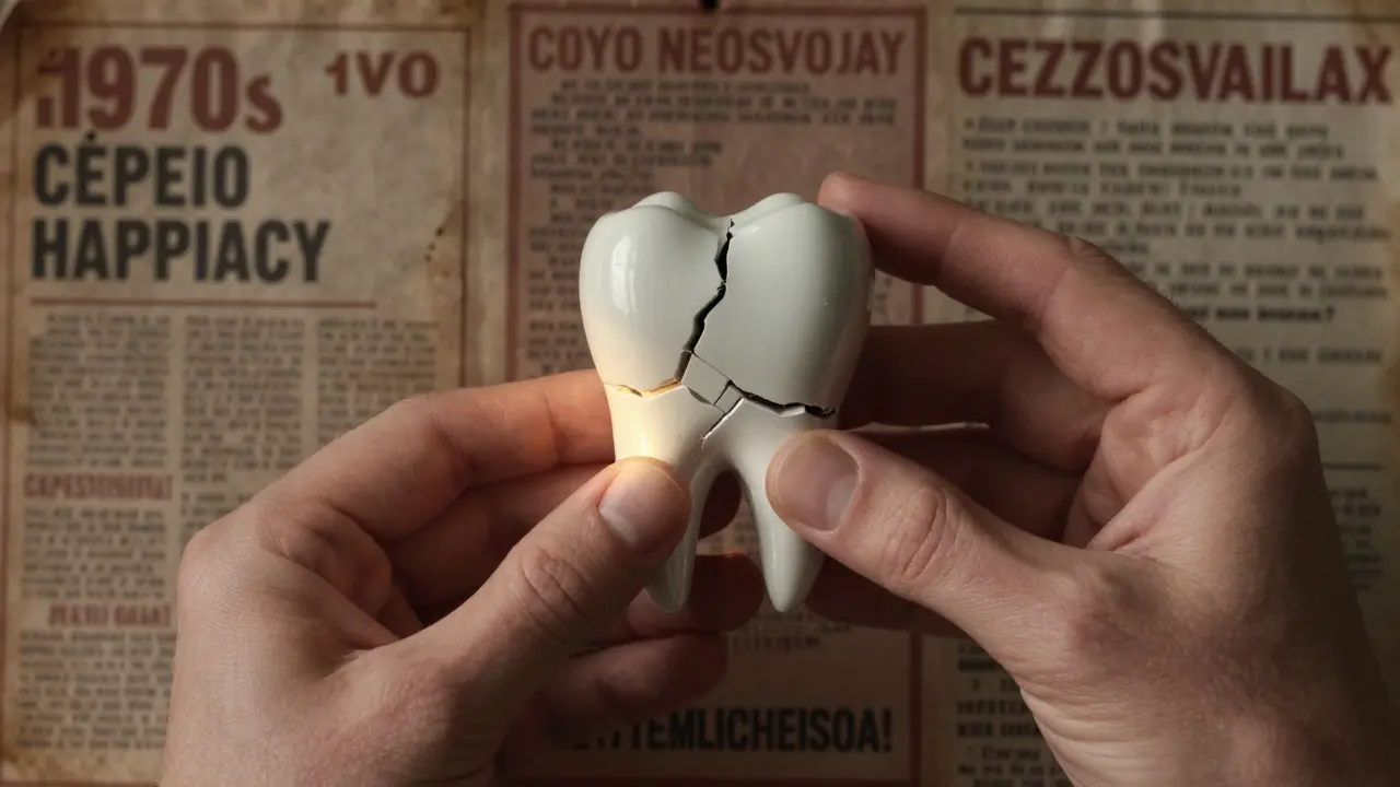 Ruce drží poškozený zub vedle moderních zubních vložek