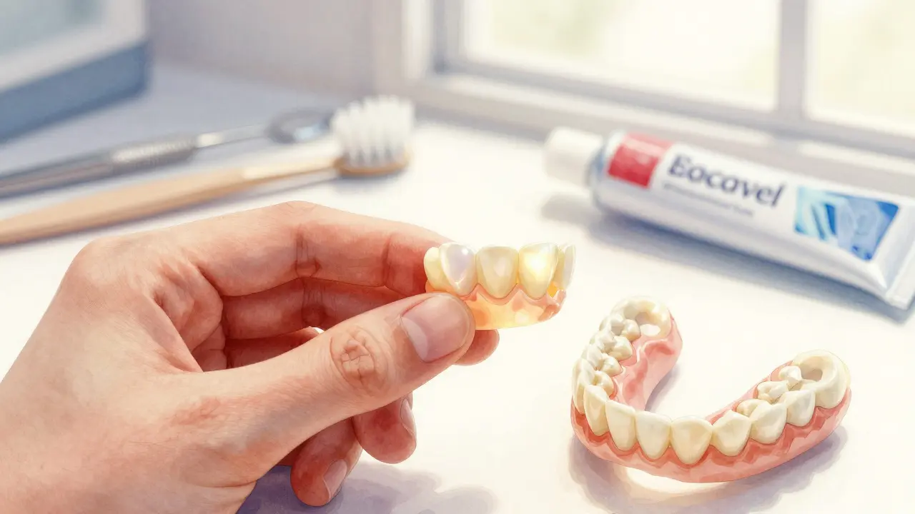 Rukou držená keramická fazeta s nářadím pro péči o zuby a noční štít