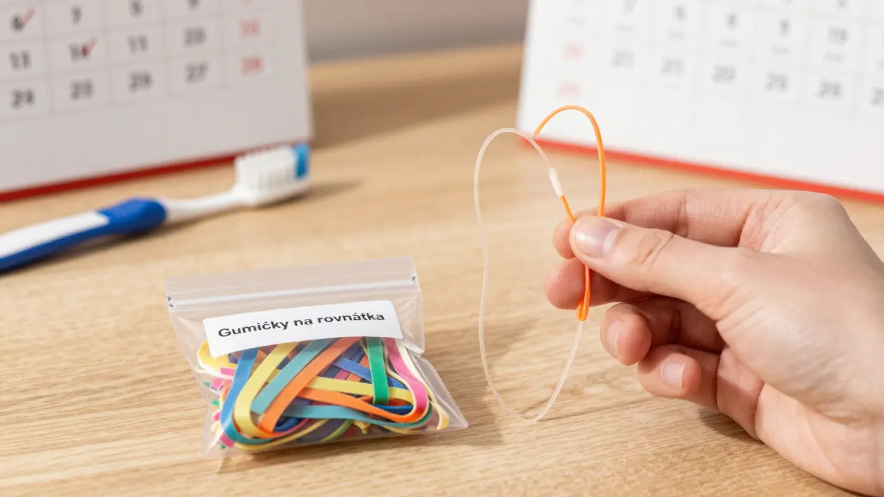Ruky drží poškozenou a novou gumičku vedle balíčku s náhradními gumičkami.