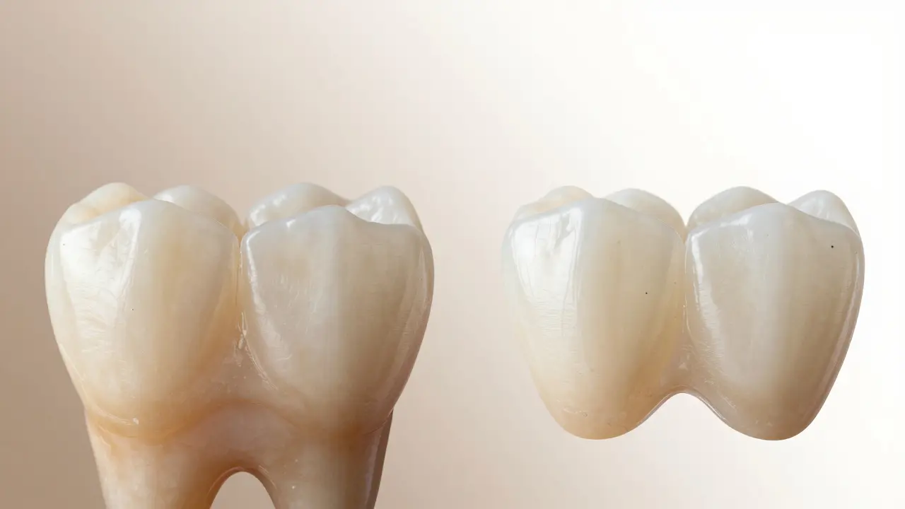 Side-by-side comparison of a stained, chipped tooth and the same tooth after composite veneer restoration.