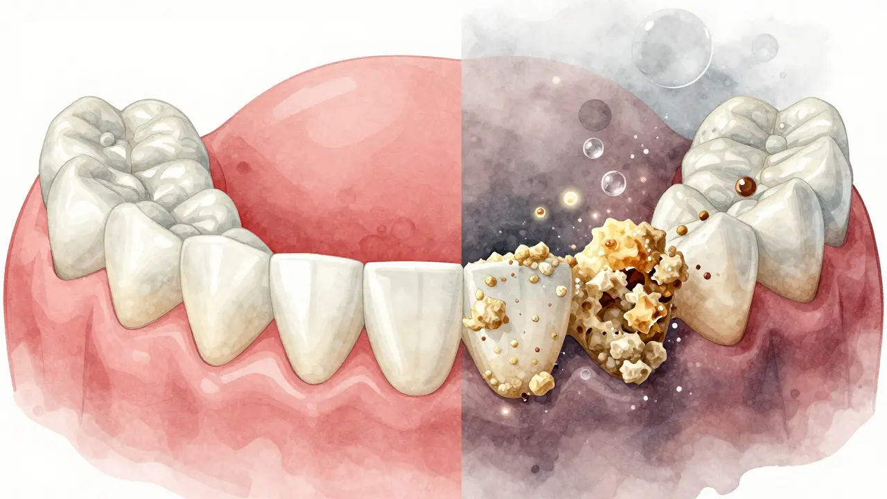 Split image showing clean denture versus one covered in mineral deposits
