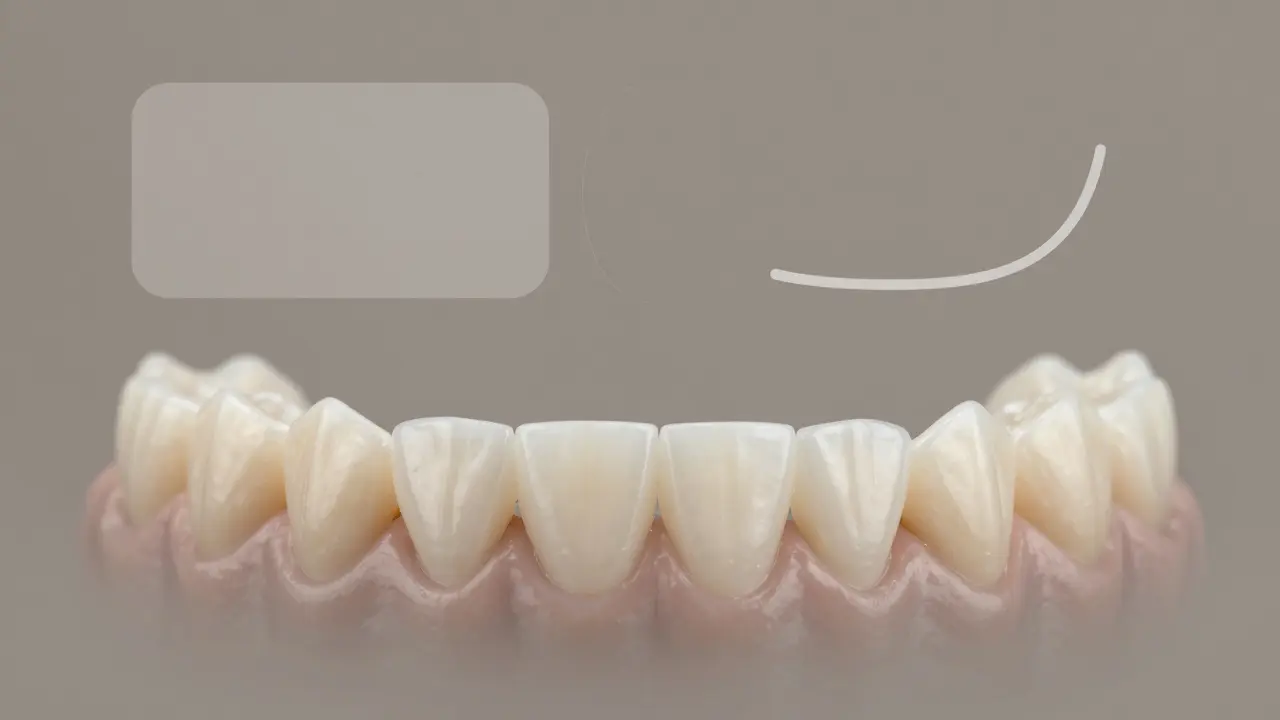 Srovnání osmi fazet na horních zubech s přirozenými zuby dole, s geometrickými tvary ukazujícími kompatibilitu s tváří.