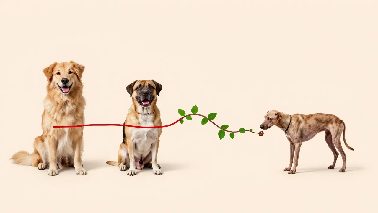 Srovnání zdravého psa s postiženým a vyhublým, znázorňující důsledky zanedbání ústní hygieny.