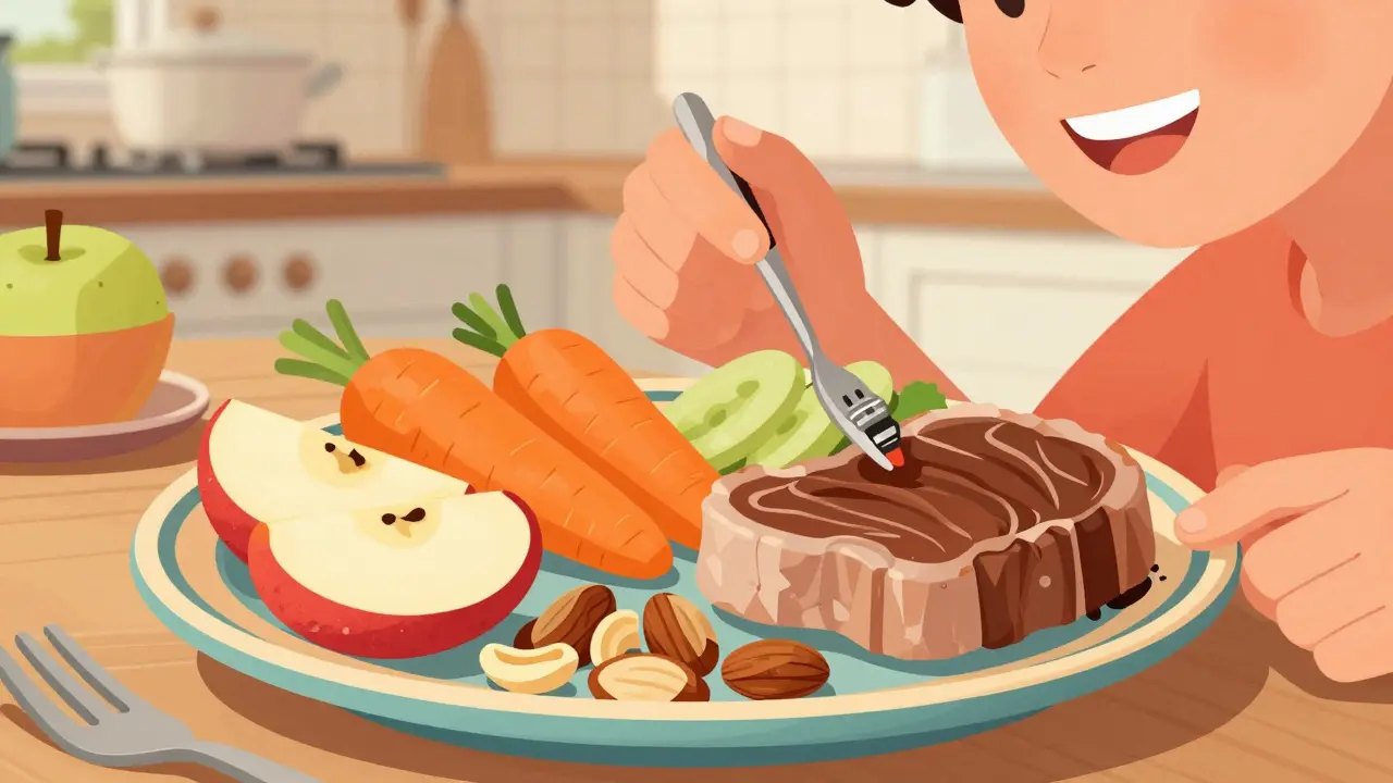 Talíř s jablkem, mrkví, ořechy a masem, zdravá strava.