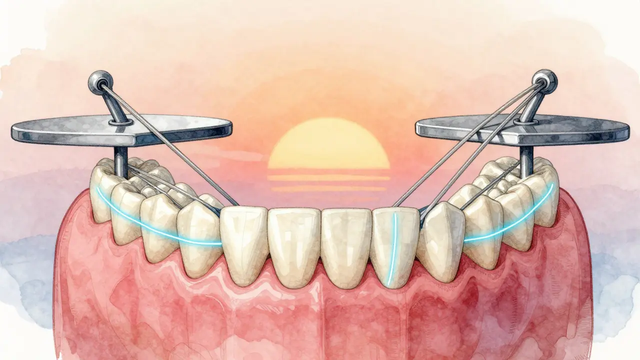 Technická ilustrace zubních čelistí s pružnými pásy, které upravují polohu zubů.