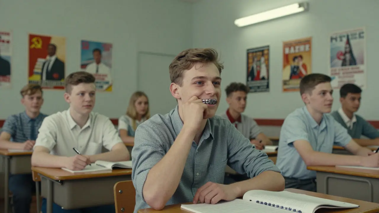 Teenagers with traditional metal braces in a 1980s Czech classroom.