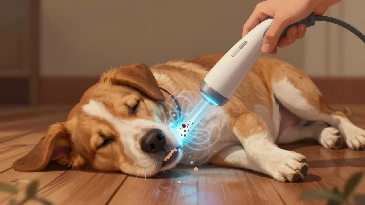 Ultrazvukový čistič zubů pro psy, který odstraňuje zubní kámen bez doteku, vydávající jemné vlny energie.
