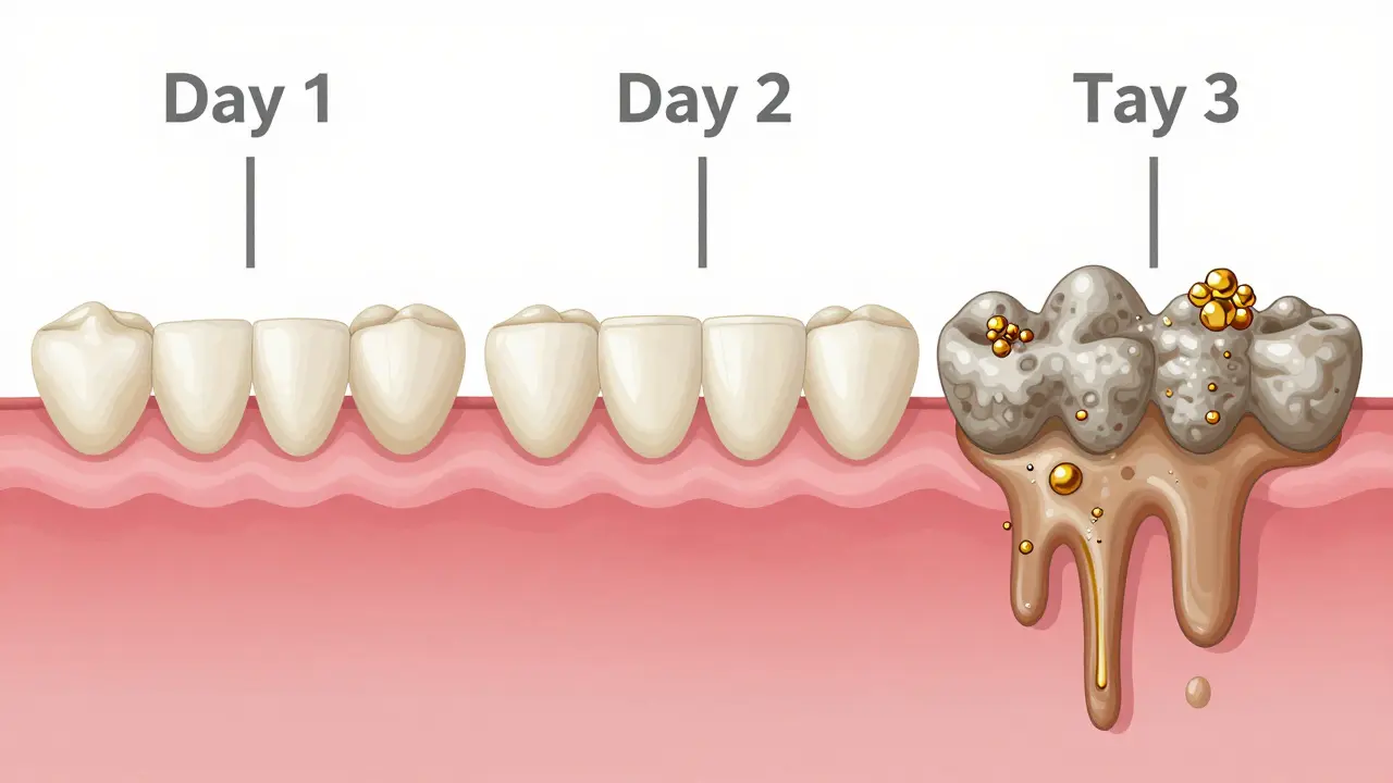 Vývoj plaku v zubní kámen během tří dnů s minerálními usazeninami u základu zubu.