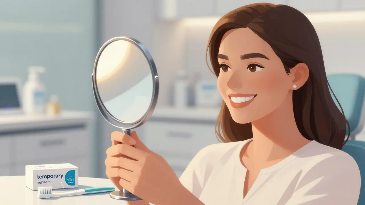 Woman smiling in mirror showing new dental veneers with toothbrush nearby.