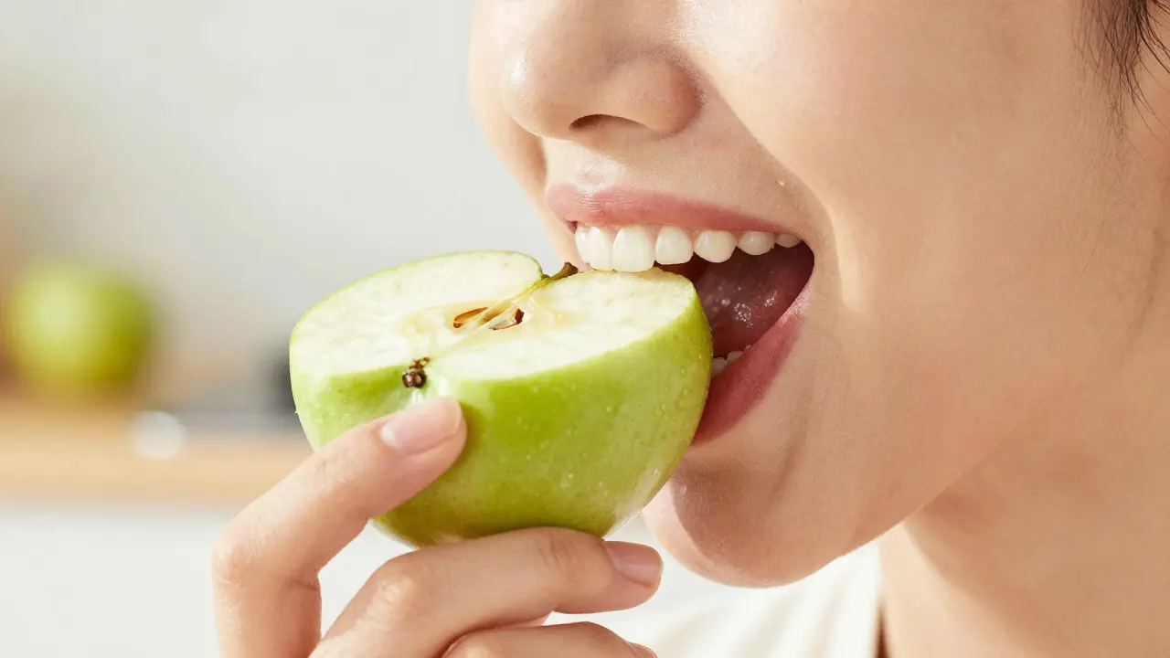 Zdravý člověk kousá do červeného jablka, jasné barvy.