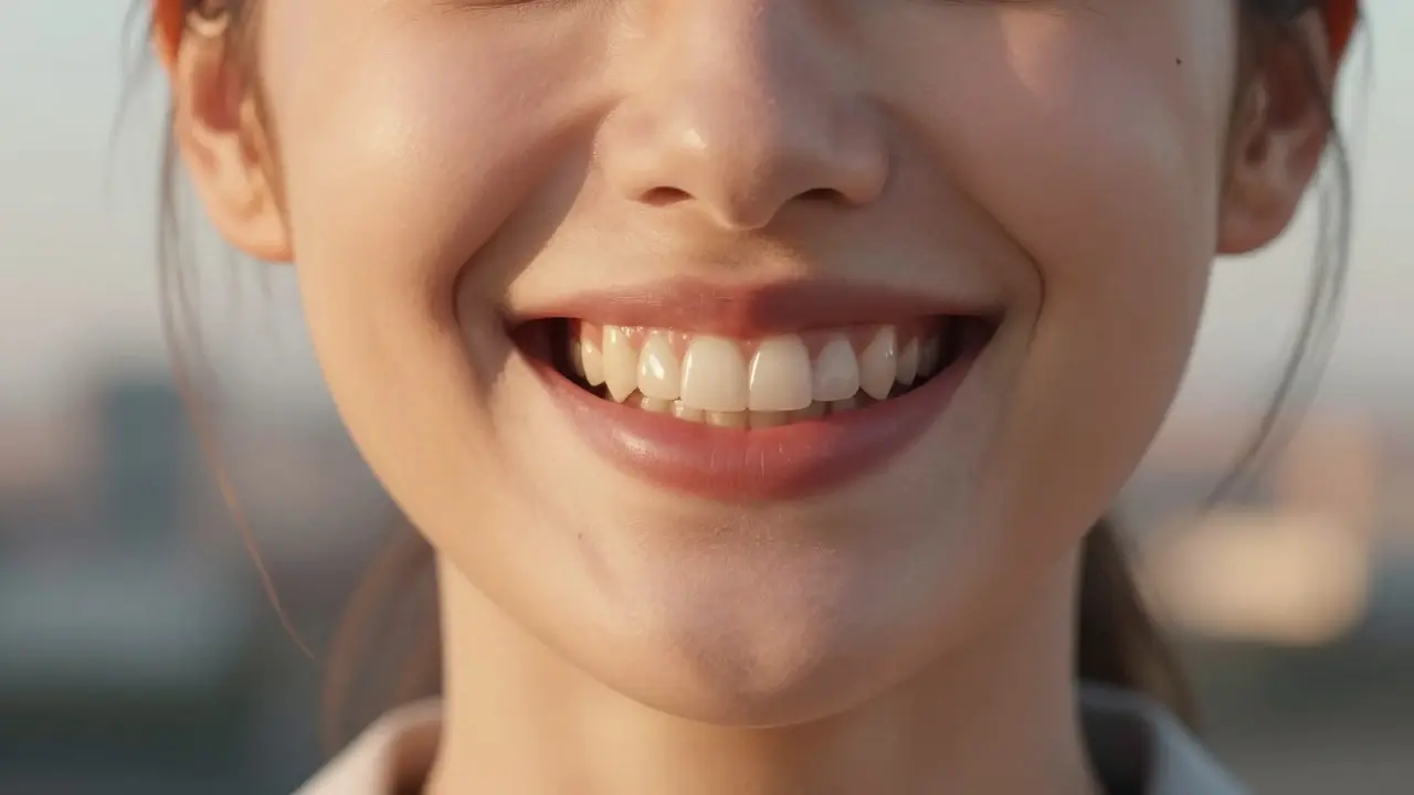 Žena s přirozeně bílými zuby a lehkými fazetami v tónu A2, její úsměv vypadá přirozeně a přitažlivě.