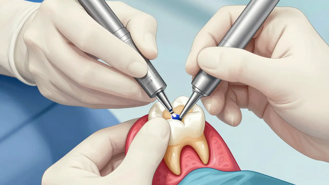 Zubní lékař aplikuje kompozitní plombu