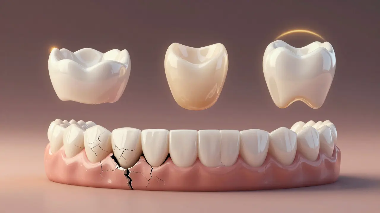A smile transforming as three replacement dental options glow softly around a damaged veneer.
