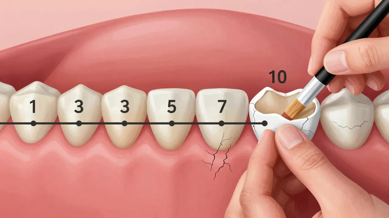 Časová osa na zubní sklovině ukazující postupné opotřebení kompozitních fazet během 10 let.