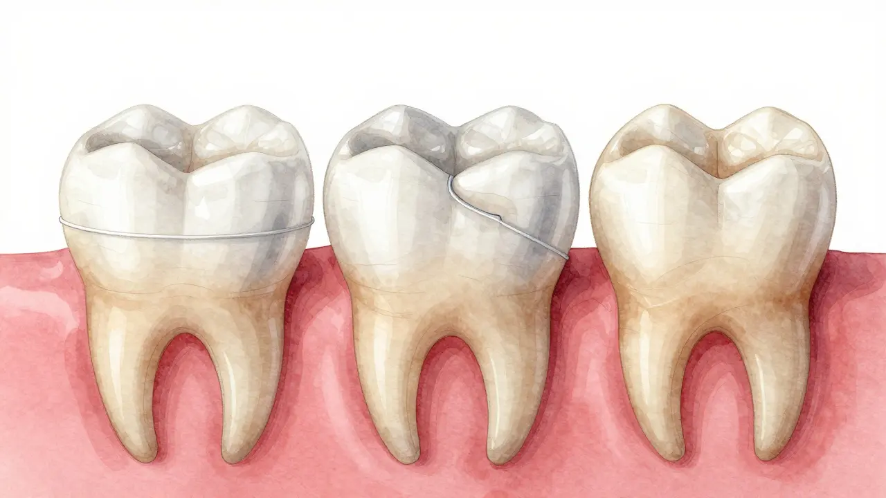 Comparison of dental restoration options: laminate, crown, and composite filling, rendered in soft watercolor style.