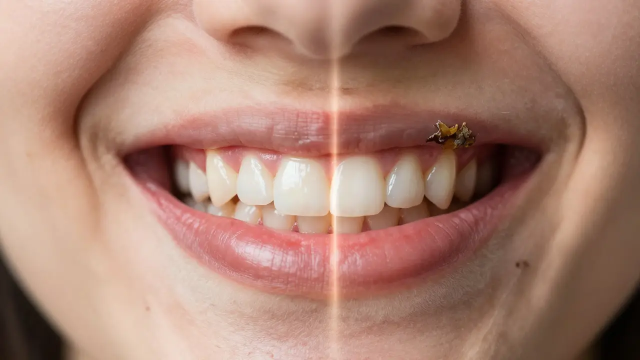 Contrast between healthy smile and smile with tartar buildup and gum recession.