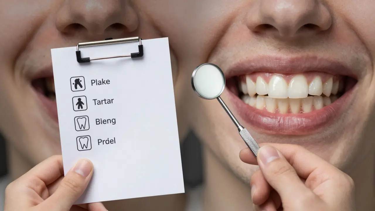 Dentální zrcátko vedle kontrolního seznamu příznaků špatné a dobré ústní hygieny.