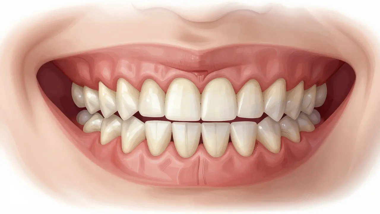 Dospívající čelist s 28 trvalými zuby a skrytými moudrými zuby pod dásní.