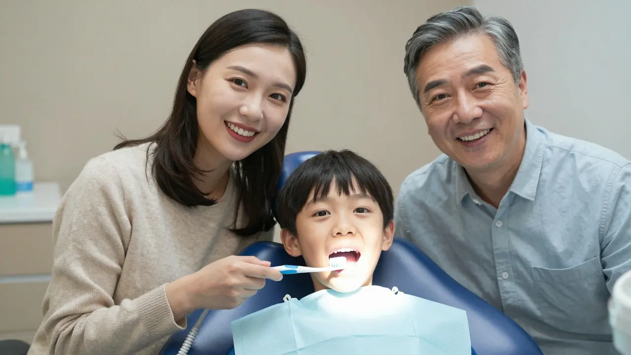 Family smiling after ultrasonic teeth cleaning in a modern dental office