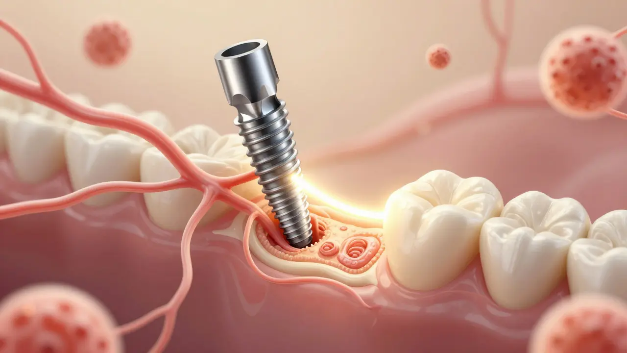 Implantát se spojuje s kostí během hojení, znázorněno jako světelné propojení.