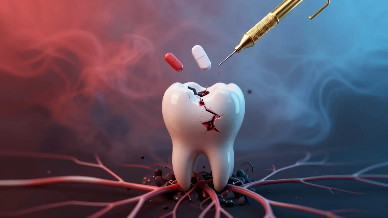 Infikovaný přední zub se šíří jako černá nečistota do těla, zlatý zubní nástroj a lék nad ním symbolizují léčbu.