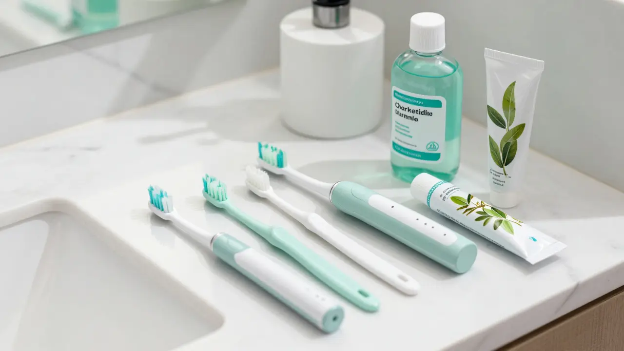 Kompletní sada prostředků pro ústní hygienu na umyvadle