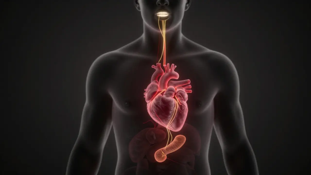 Koncepční obrázek těla s propojením mezi ústní hygienou a zdravím srdce a slinivky.